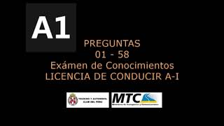 Preguntas 2024 A1 14 Examen de Conocimientos Licencia de Conducir AI TOURING MTC PERU Audio [upl. by Osnerol]